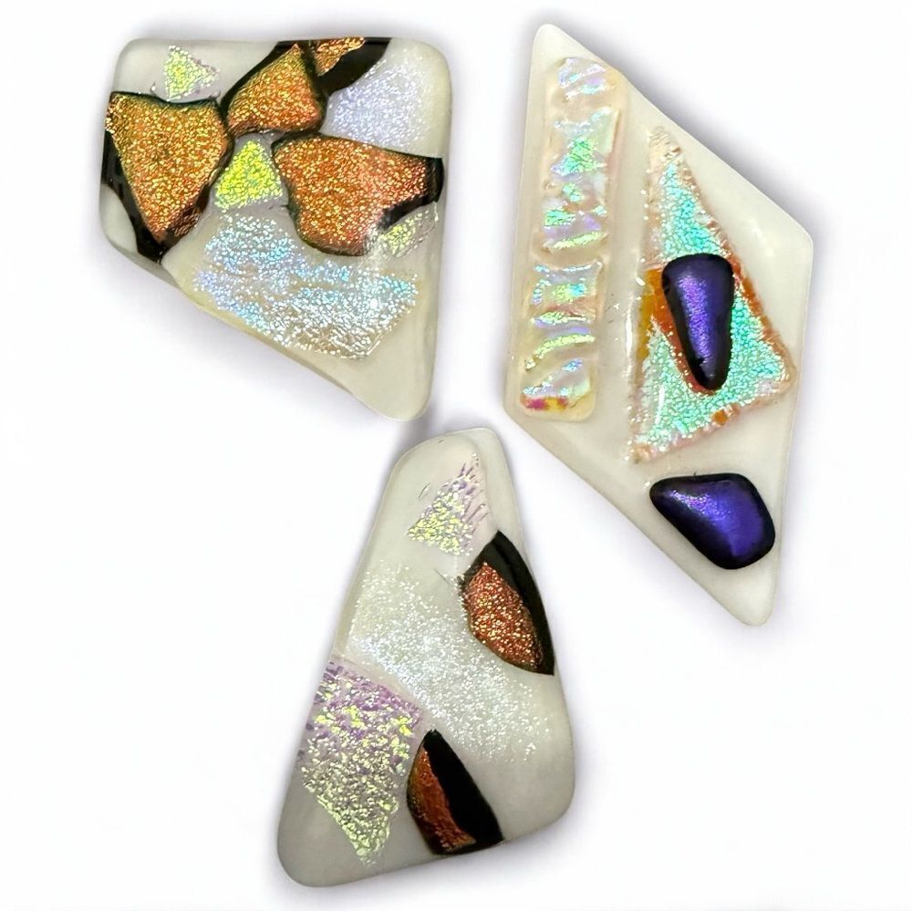 White Dichroic Art Glass Pieces – Iridescent Copper, Violet & Gold Accents